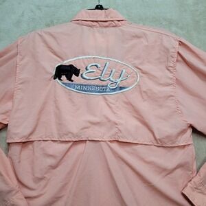Spicy Tuna Fishing Shirt Ely‎ Minnesota Bear Embroidered Vented Back Sz M Salmon